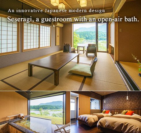 An innovative Japanese modern design Seseragi, a guestroom with an open-air bath.