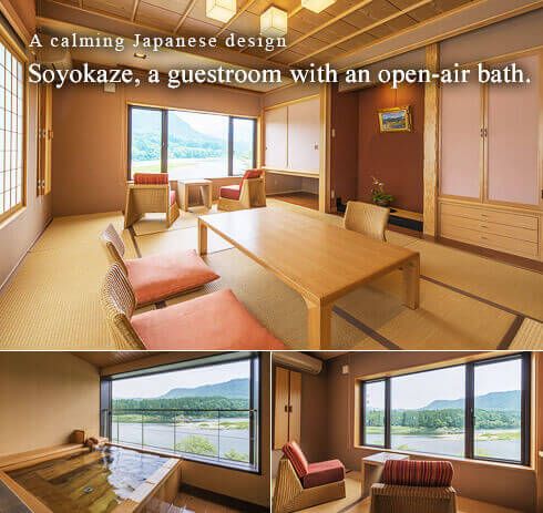 A calming Japanese design Soyokaze, a guestroom with an open-air bath.
